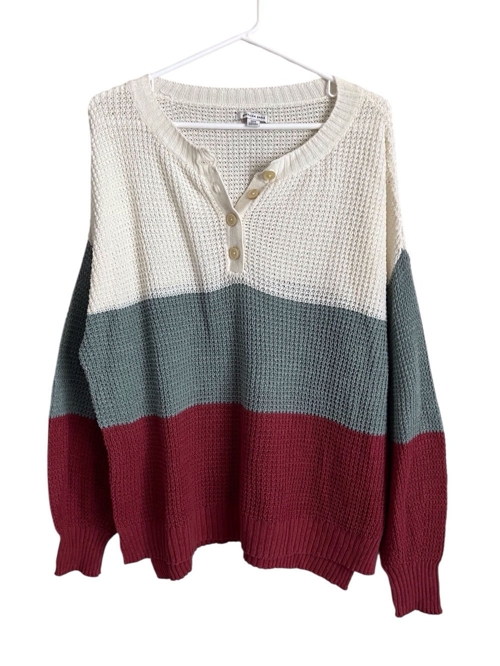American Eagle Waffleknit Henley Sweater Stripe White Green Coral Oversize Small